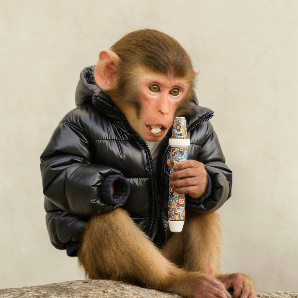 The ape caught wide-eyed with the vape in his fist