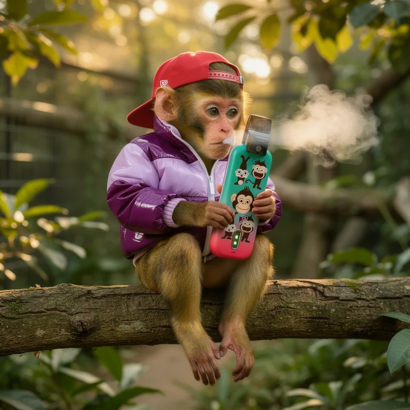 The ape on a branch in the enclosure, cap backwards, puffing