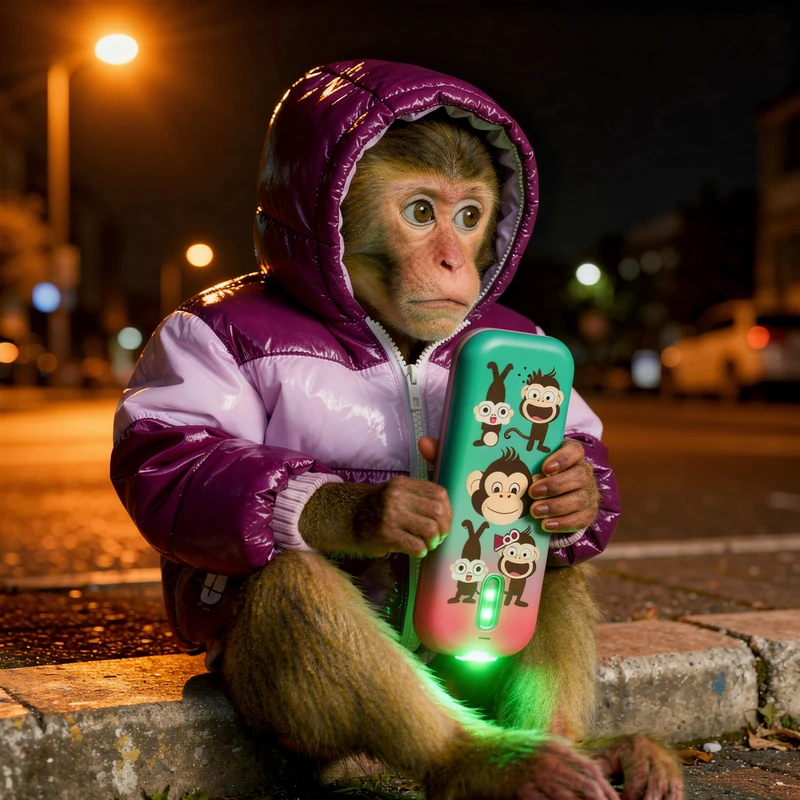 The ape at night under a streetlight, hood up, vape glowing