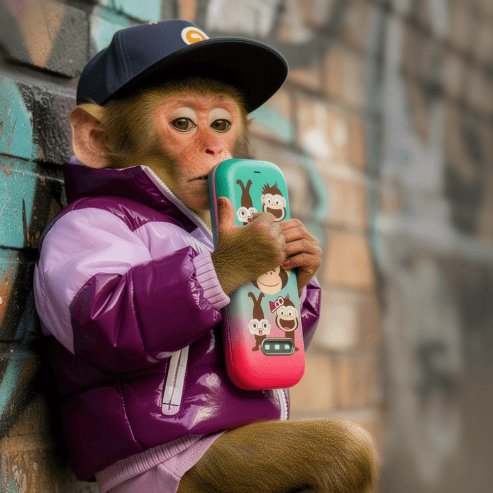 The ape in his puffer jacket, holding his vape, eyes half closed
