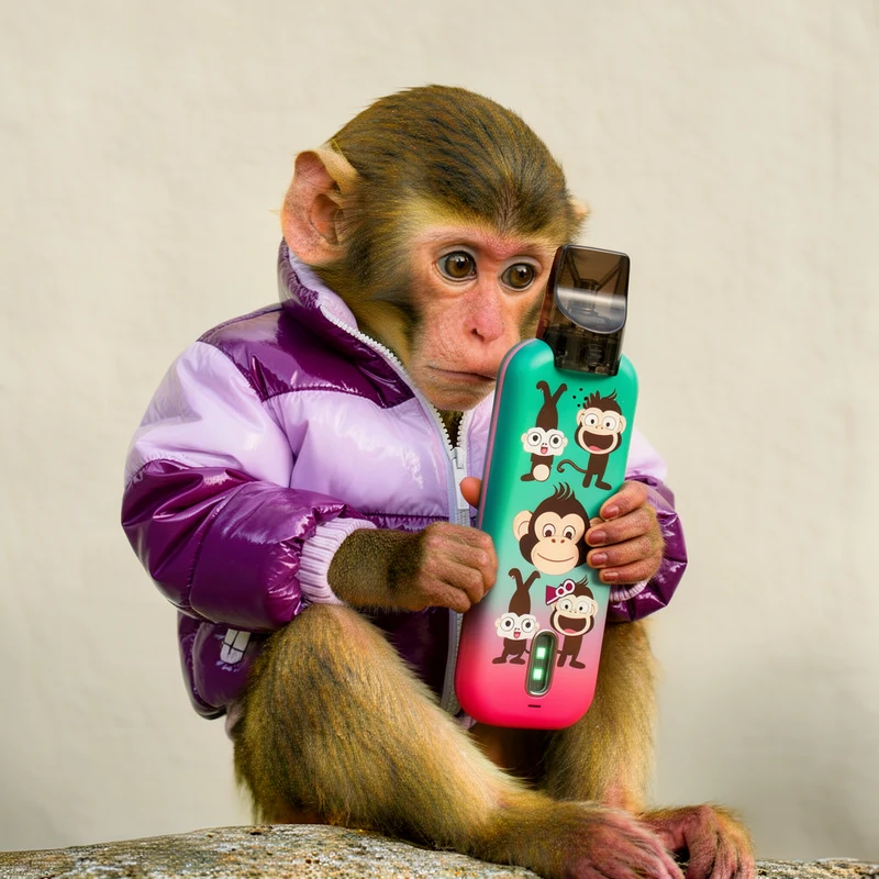 The ape in the studio, holding his sticker-covered vape